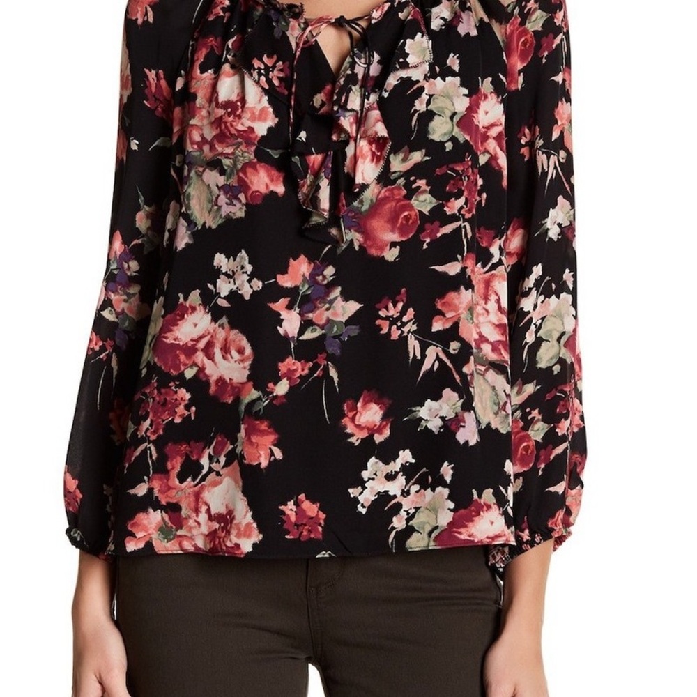 Joie Black Floral Blouse with Pink and Cream Accents